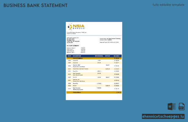Beispielvorschau eines Geschäftskontoauszugs der NSIA Banque im Word- und PDF-Format